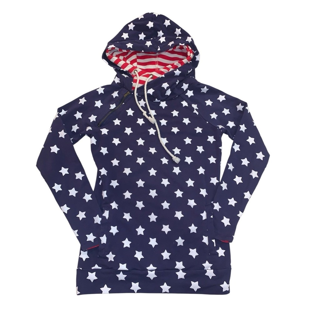 & ave Star Hoodie Women Navy Blue White RedPatriotic Americana Thumbhole Zip XS